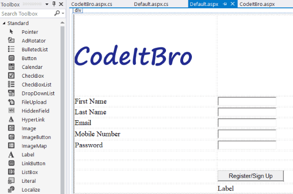 creating asp.net registration form in visual studio