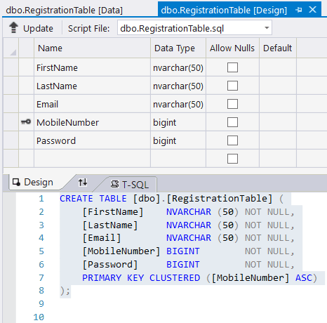 define user registration table attributes