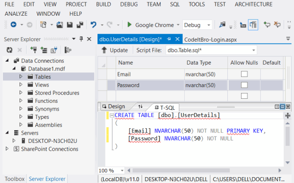 create userdetails table to match user credentials for login page