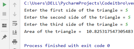 python program output to calculate area of a triangle using heron formula