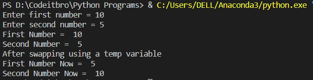 python program to swap two numbers using third variable