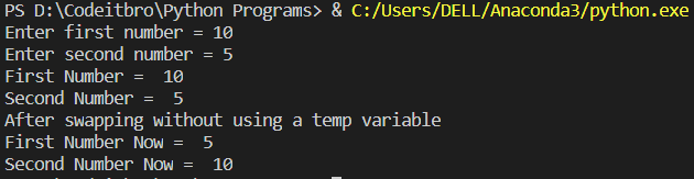 python program to swap two numbers without using third variable