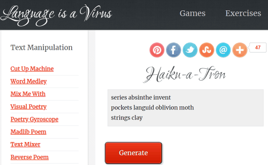 language is a virus - haiku generator website