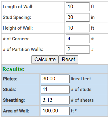 stud wall framing material calculator