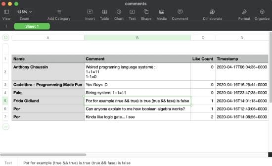 download facebook comments excel file