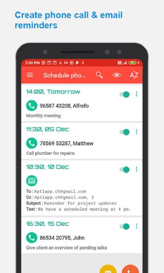 phone call and email reminder app screenshot