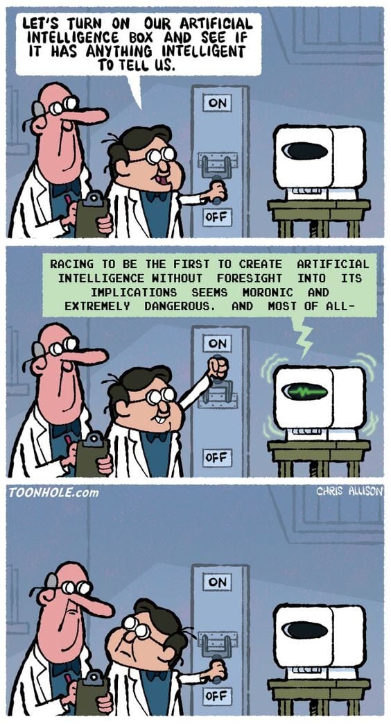 AI funny meme showing scientists turning on an artificial intelligence that instantly warns them about the dangers of creating AI.