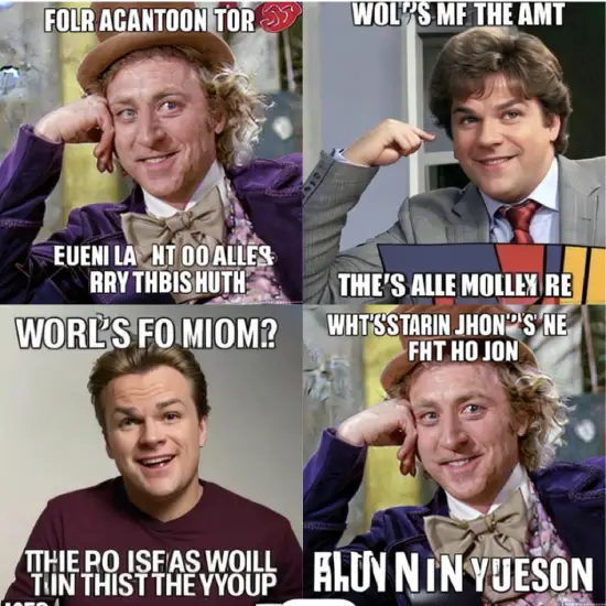 Funny AI meme showing text generators producing gibberish phrases instead of real words.