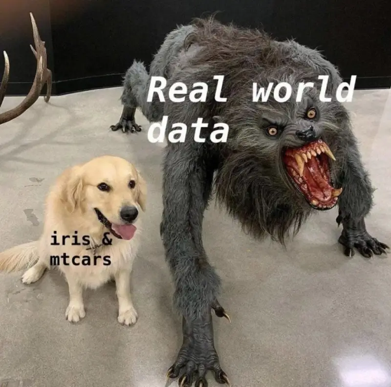 Funny data science meme comparing real world data to clean sample datasets