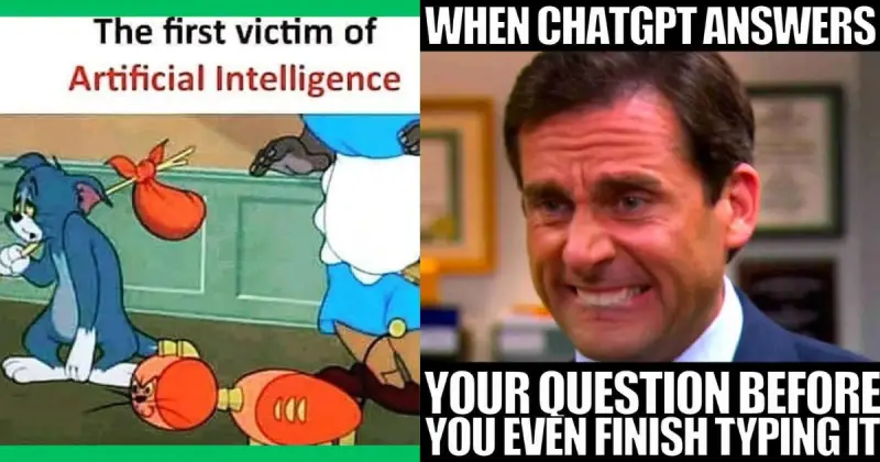 Funny AI meme showing ChatGPT answering questions instantly while humans struggle to keep up.