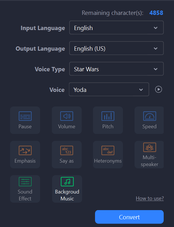 configure voxbox yoda text to speech options