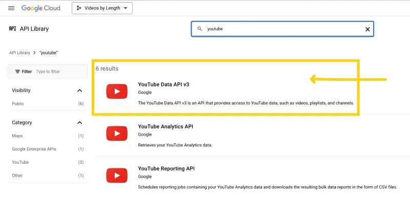 enable youtube data api in google cloud console