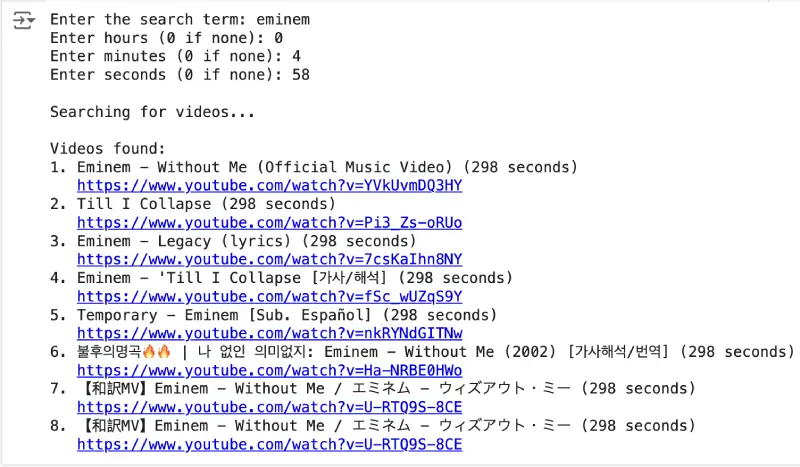 output of python script to find youtube videos of specific length