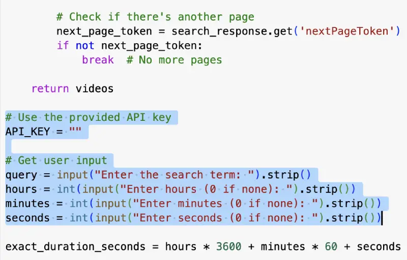 use api key to find yt videos of length