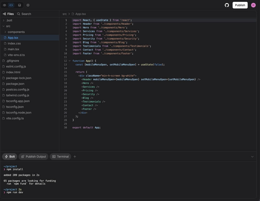 bolt.new code files editor and terminal
