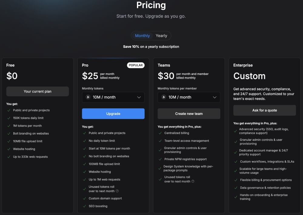 bolt.new pricing plans