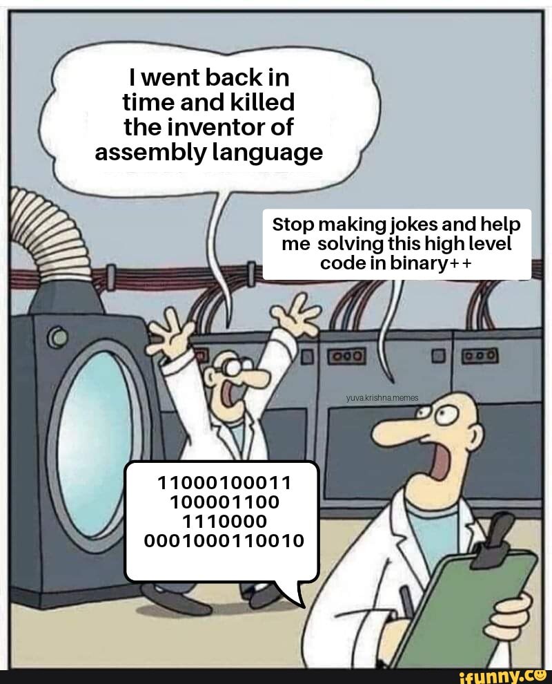 Scientists joke about assembly language and binary meme