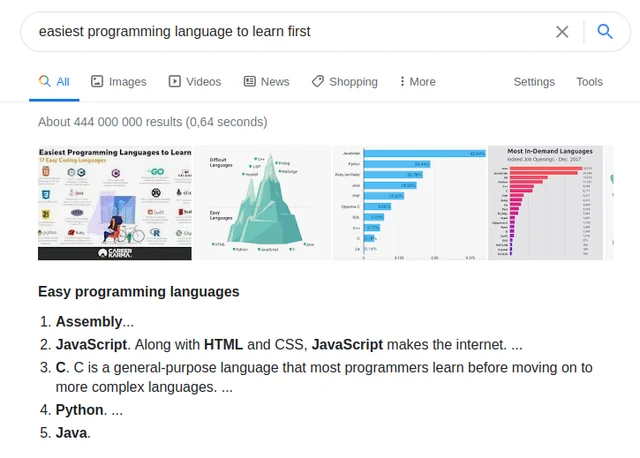 Funny meme showing Google listing assembly as easiest language