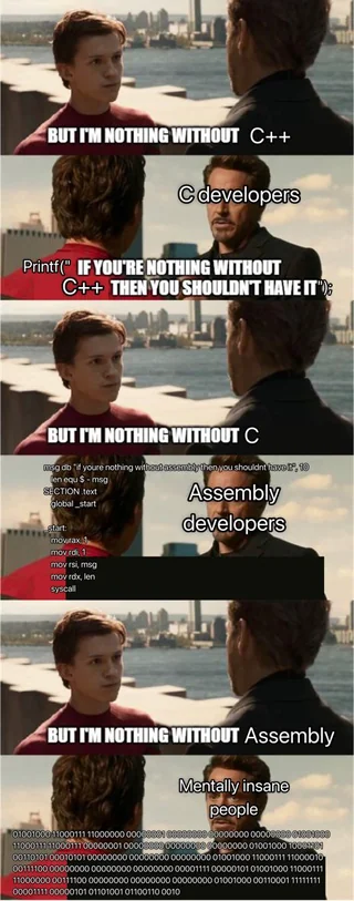 Funny meme about C, C++, and assembly developers escalating