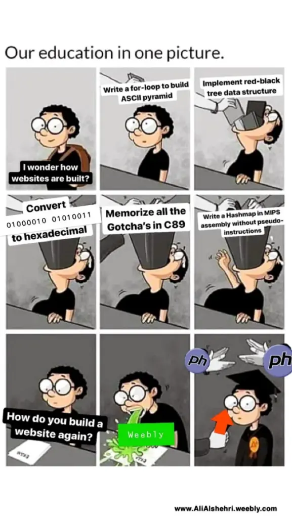Funny meme about programming education vs real web development